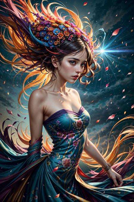 young woman, colorful chaos, elegant, vivid colors, atmospheric, petals, vibrant, striking visual design, twisting flowing fabric, the world implodes behind her, action shot, unravelling, unfurling, blossoming, bright eyes, front lit, erupting, undercurrent, endless bloom, portal, top-down camera angle