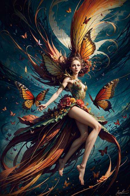 chaos, elegant, vivid colors, art by Anne Bachelier, atmospheric, a girl, elegant, butterflies, flowers blooming, in motion, dramatic, full body, organic composition