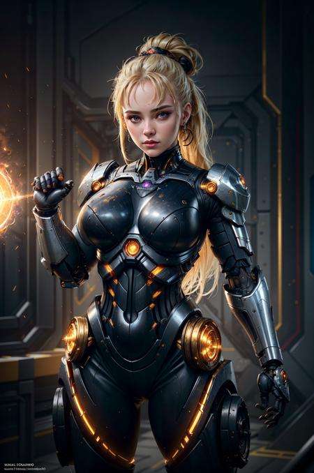 8k portrait, hi-tech bulky black plated ((cyborg)) with gold trim, overengineered, led lights, 1girl, pistons and circuits, striking a pose, futuristic, adorable, exuding power, mech factory, chromic reflections, angular layered construction, expensive tessellated design, blonde hair space buns, juggernaut, forged by fire