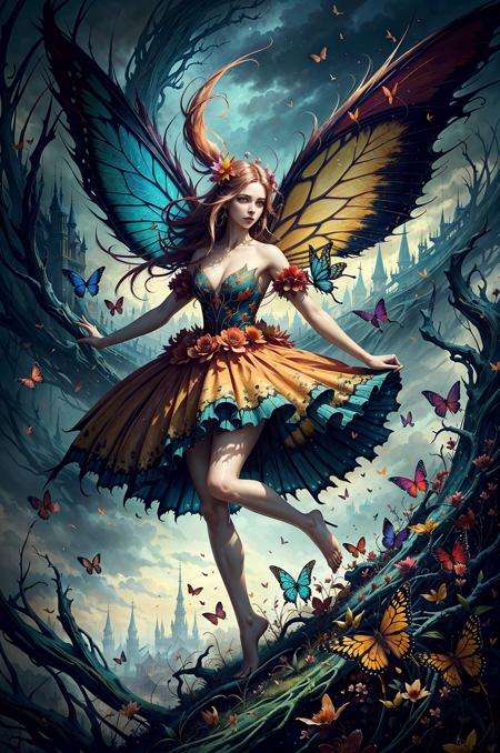 chaos, elegant, vivid colors, art by Anne Bachelier, atmospheric, a girl, elegant, butterflies, flowers blooming, in motion, dramatic, full body, organic composition