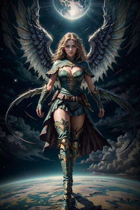 (masterpiece, high quality, absurdres) [full body superhero, lace trim  : midnight green and citron dragon scales:0.3], angel wings, filigree, leather boots, leather gloves,  planetary background, epic atmosphere, amazing details, fantasy, 8k