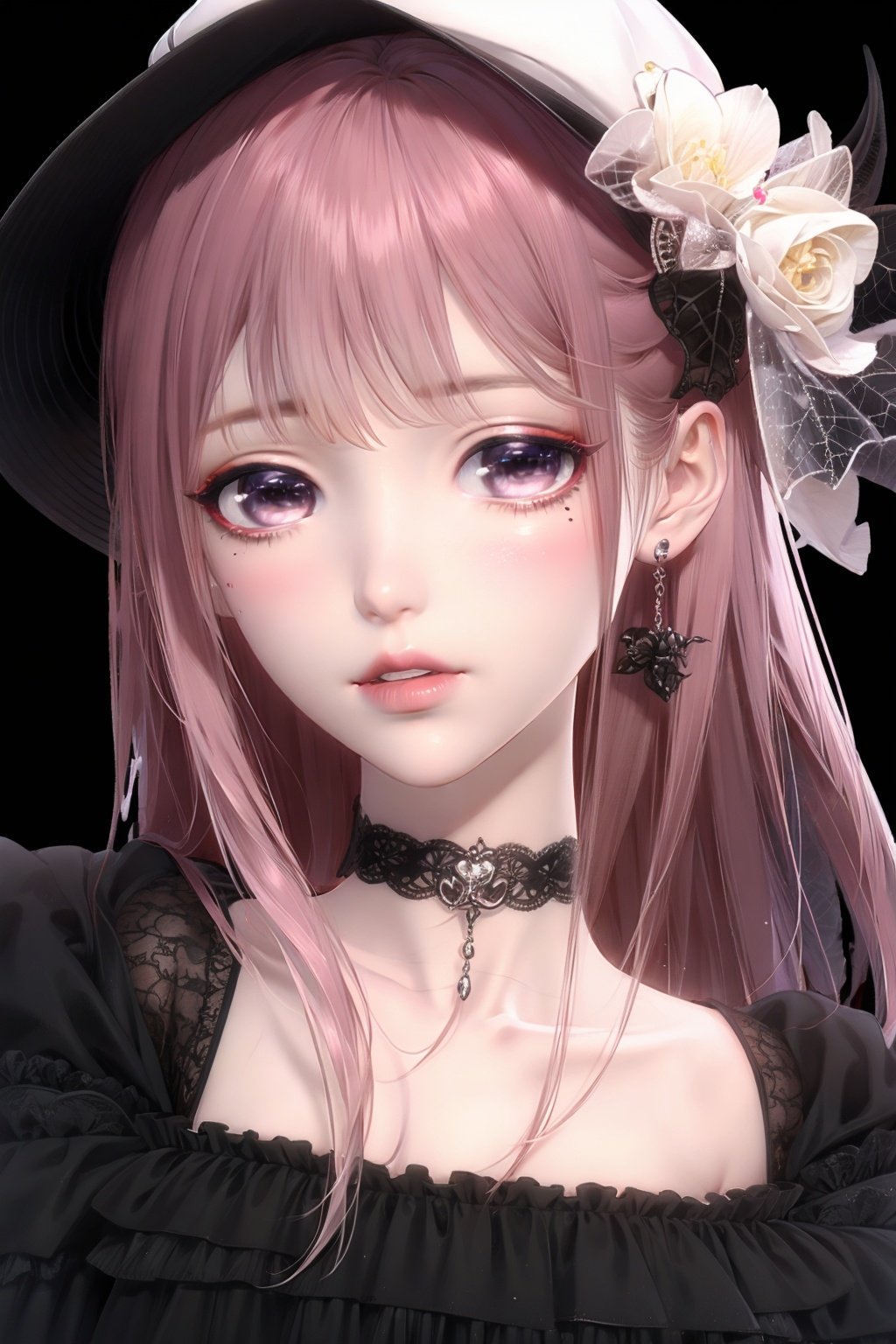 （非常详细的 CG 统一 8k 壁纸）,most beautiful artwork in the world,1girll,Devil Eyes,The eye,eyelashes,cparted lips,jewely,choker necklace,spiderwebs,dark mole_under below_eye,feater_Hair_decorations,lipstick,eyeslashes,nsfw,breast out