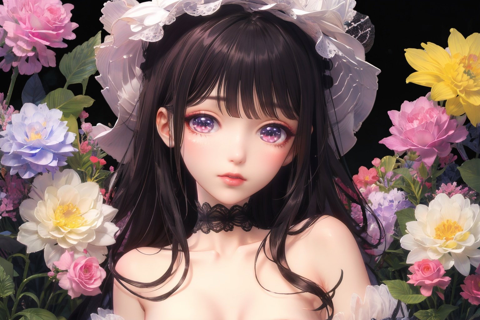 solo,  1girl, looking at viewer,nsfw, (8k, RAW photo, best quality, masterpiece:1.2),glowing eyes,long eyelashes, breast slip, shirt slip, nipple,dress,lolita fashion,princess ,nsfw  gloves,eyeshadow,   face focus,upper body, close-up,   colorful ,garden, flowers,bj_Alice