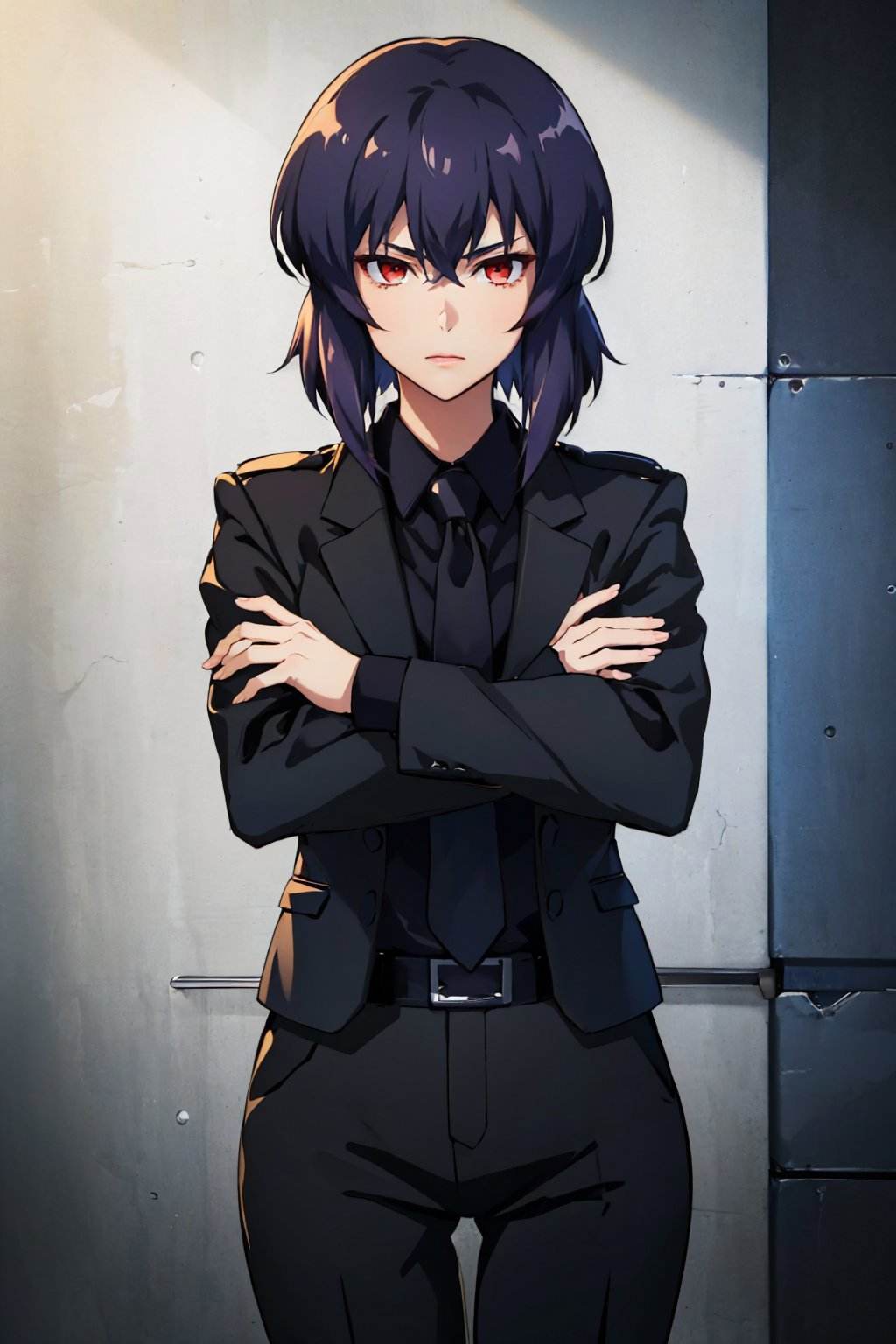 (masterpiece, best quality:1.2), cowboy shot, solo, 1girl, kusanagi motoko, expressionless, looking at viewer, crossed arms, allblacksuit, black pants <lora:ghostintheshell_kusanagi_sac:0.8> <lora:attire_allblacksuit-12:0.8>