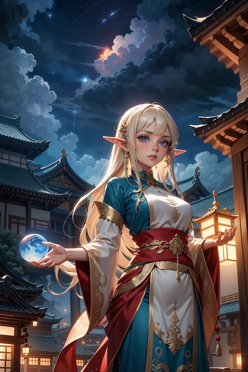 Masterpiece, best quality, an elf casting magic, original clothing, temple scenery, night sky, magic particles swirling. extremely detailed, area lighting 