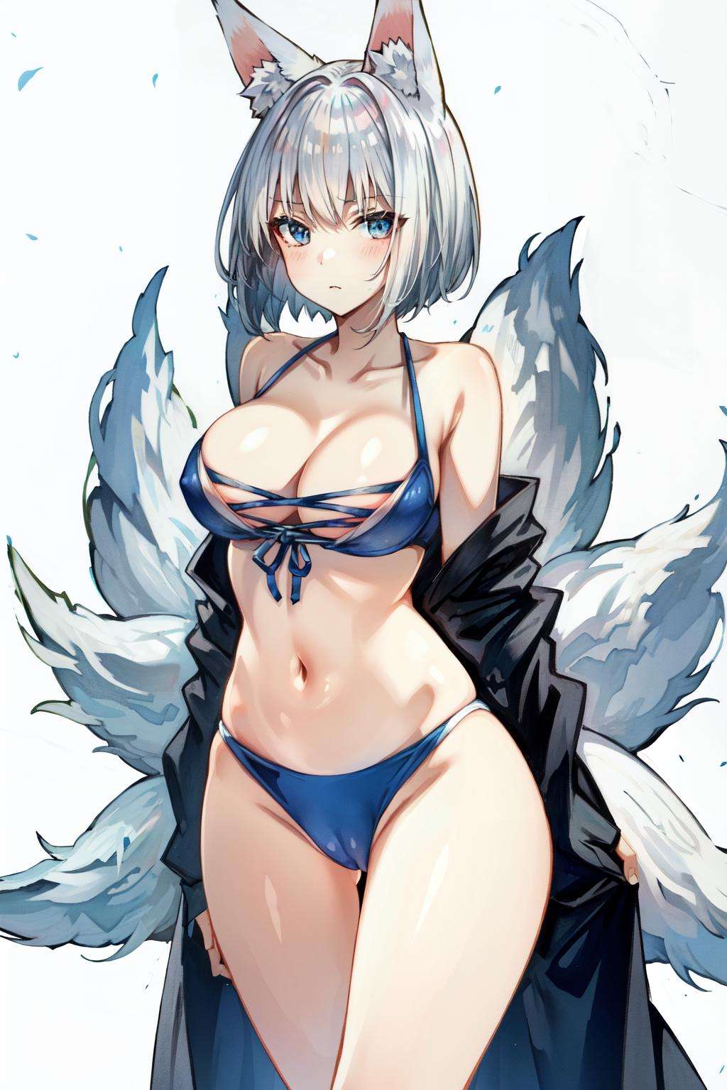 <lora:kaga_everlasting_killing_stone-09:0.8>kaga(everlasting killing stone), closed mouth, solo, white background, cameltoe, white hair, swimsuit, simple background, navel, blue eyes, fox ears, large breasts, tail, fox girl, short hair, animal ear fluff, multiple tails, collarbone, cleavage, looking at viewer, blue bikini, bikini pull, blush, fox tail, animal ears, bikini, 1girl