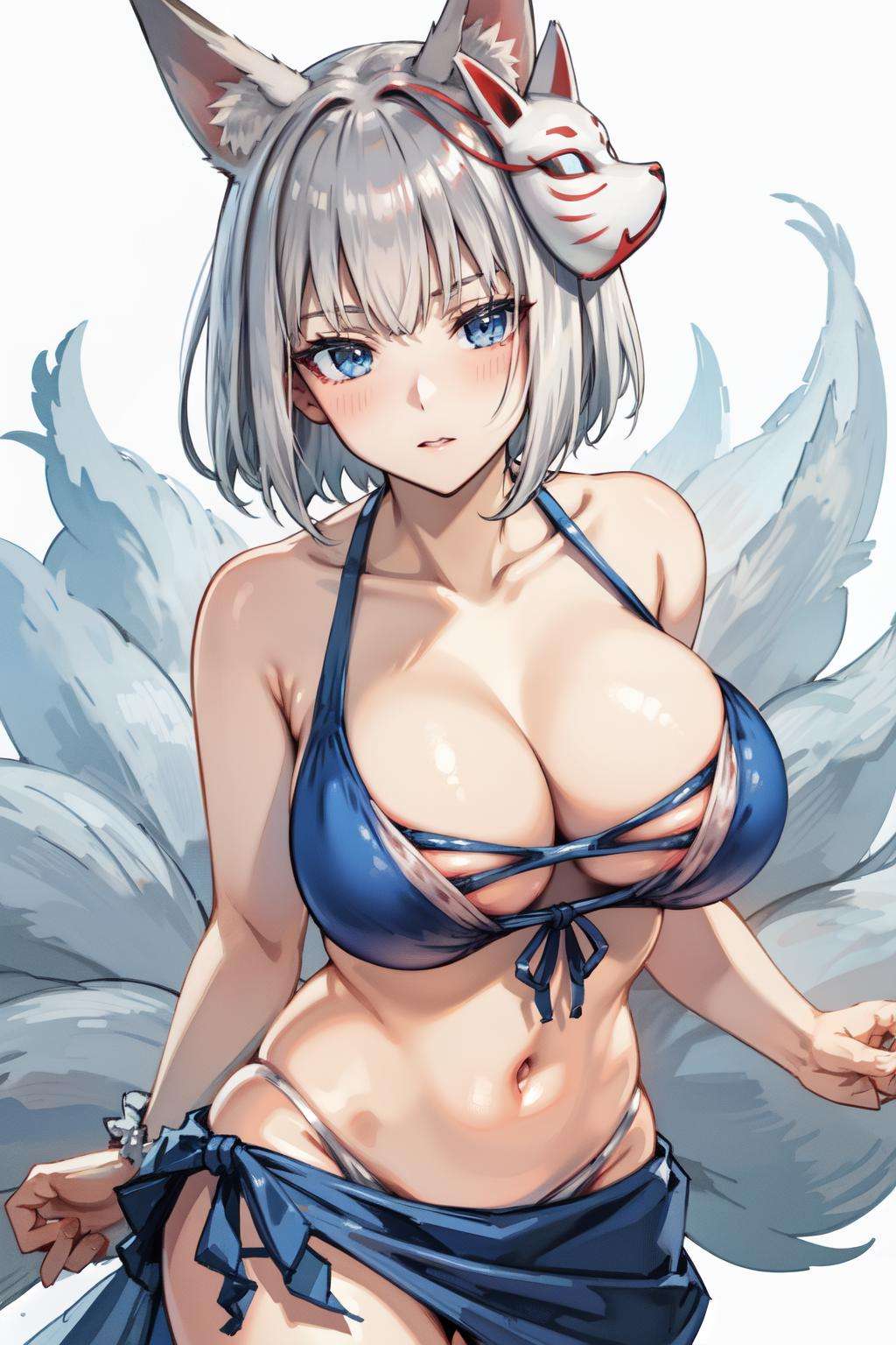 <lora:kaga_everlasting_killing_stone-09:0.8>kaga(everlasting killing stone), solo, white background, white hair, swimsuit, simple background, navel, blue eyes, fox ears, mask on head, large breasts, tail, fox girl, short hair, animal ear fluff, multiple tails, blue sarong, collarbone, cleavage, fox mask, looking at viewer, blue bikini, blush, fox tail, 1girl