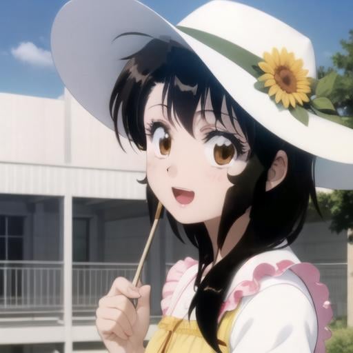 (extremely detailed CG unity 8k wallpaper), (masterpiece), (best quality), (ultra-detailed), (best illustration), (best shadow), (absurdres), 1girl, solo, <lora:onodera_v2:0.8>, onodera kosaki, looking at viewer, :d, open mouth, sun hat, (pleated dress, yellow dress:1.0), portrait,  <lora:gsc-style:1>