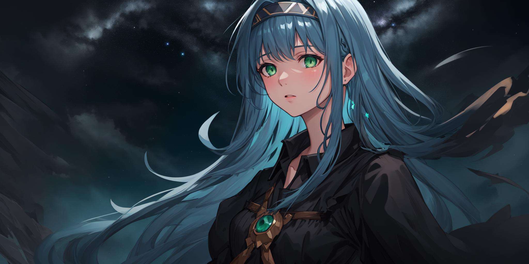 masterpiece,best quality,asterpiece,beautiful,extremely detailed CG unity 8k wallpaper, <lora:char-reverie:1> ,1girl,green_eyes,blue_hair,<lora:epiNoiseoffset_v2:1.5>,dark light,sky,star_sky,solo