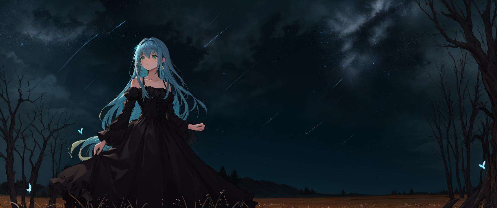 masterpiece,best quality,asterpiece,beautiful,extremely detailed CG unity 8k wallpaper, <lora:char-reverie:1> ,1girl,green_eyes,blue_hair,<lora:epiNoiseoffset_v2:1.5>,dark light,sky,star_sky,Prairie, tree,Butterflies and fireflies,solo
