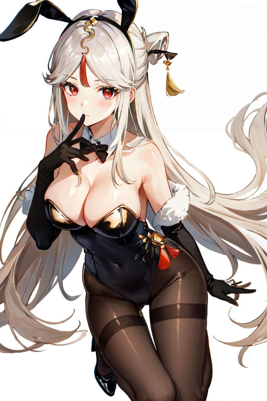 <lora:ningguang:1>ningguang(genshin impact), 1girl, animal ears, bare shoulders, black footwear, black gloves, black pantyhose, blush, brown pantyhose, cleavage, collarbone, covered navel, elbow gloves, fake animal ears, finger to mouth, full body, gloves, hair ornament, hair stick, hairpin, high heels, large breasts, leotard, long hair, looking at viewer, pantyhose, playboy bunny, rabbit ears, red eyes, red leotard, simple background, solo, strapless leotard, tassel, thighband pantyhose, very long hair, white background, white hair