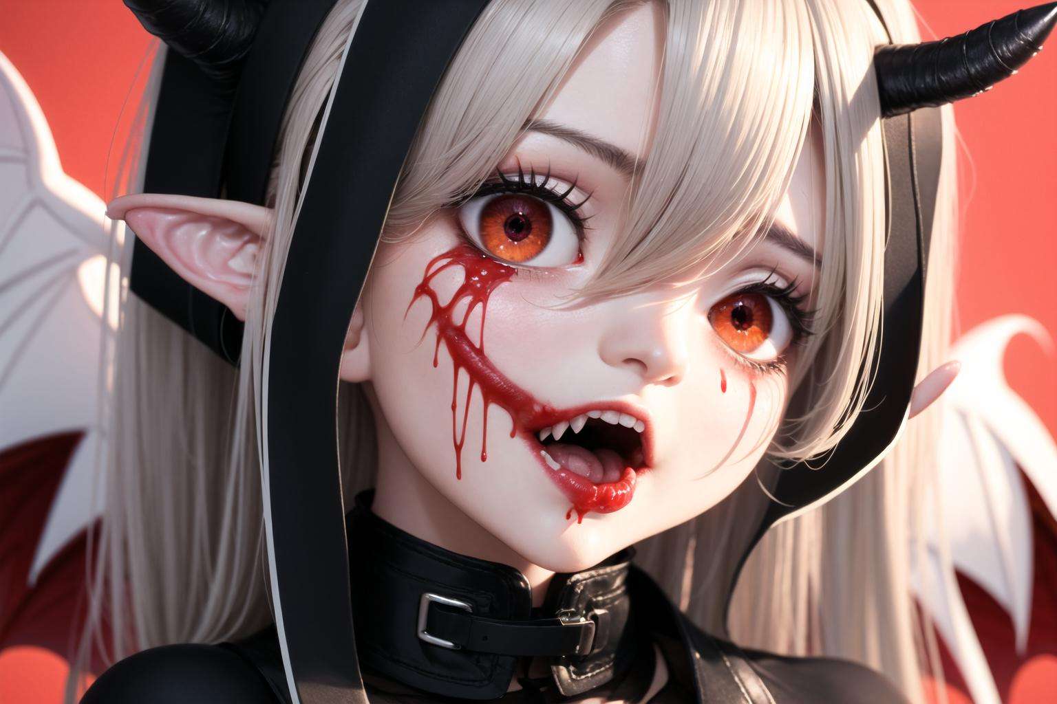 (masterpiece:1), (best quality:1),1girl, demon girl, wings, (horror, blood:1.15), red eyes, white hair, vampire, face, covering mouth