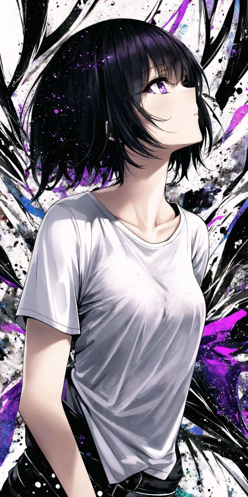 masterpiece, best quality, 1girl, upper body, shirt, black hair, purple eyes, abstract