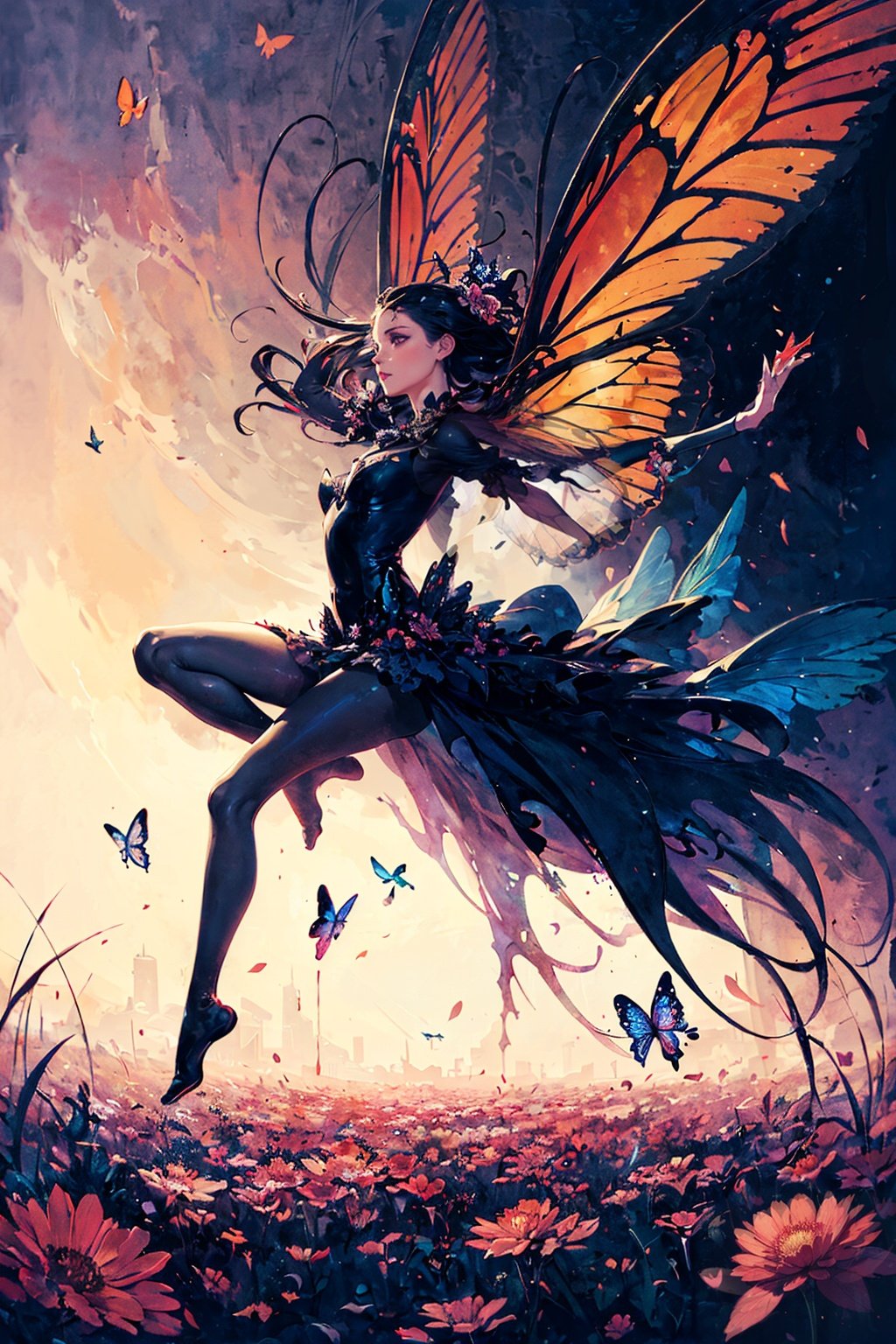 chaos, elegant, vivid colors, art by Anne Bachelier, atmospheric, a girl, elegant, butterflies, flowers blooming, in motion, dramatic, full body, organic composition