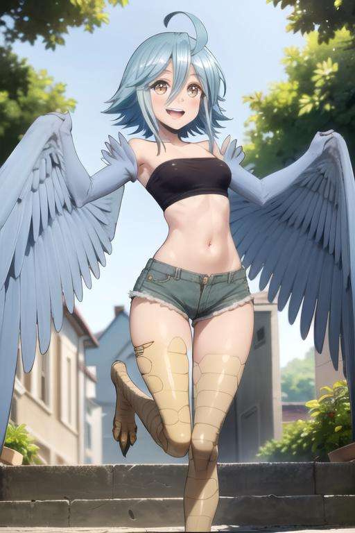 (((picture perfect))), (absurdres), 1girl, solo, <lora:papi-monmusu:0.8>, papi, (monster girl, harpy, bird legs, winged arms:1.3), black tube top, shorts, standing, looking at viewer, :d, open mouth, smile