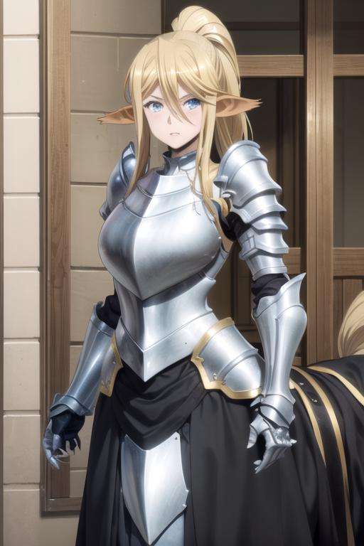 (((picture perfect))), (absurdres), 1girl, solo, <lora:centorea-monmusu:0.8>, centorea shianus, (monster girl, centaur:1.3), (full armor, armor, gauntlets, pauldrons, breastplate:1.3), (black skirt:1.3), looking at viewer, parted lips