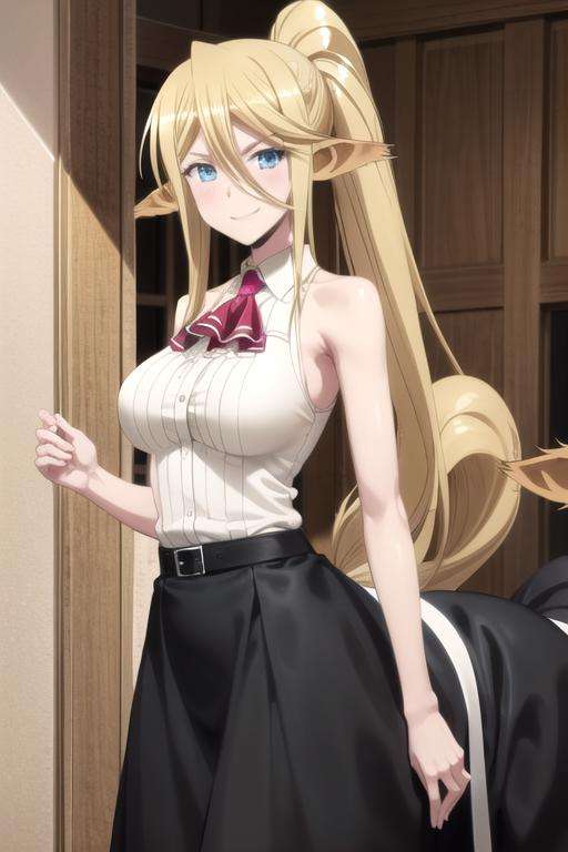 (((picture perfect))), (absurdres), 1girl, solo, <lora:centorea-monmusu:0.8>, centorea shianus, (monster girl, centaur:1.3), white shirt, sleeveless, ascot, (black skirt:1.3), looking at viewer, smile