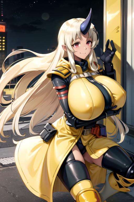 (extremely detailed CG unity 8k wallpaper), (masterpiece), (best quality), (ultra-detailed), (best illustration), (best shadow), (absurdres), 1girl, solo, loking at viewer, <lora:tionishia-10:0.8>, tionishia, single horn, fang, gigantic breasts, dark skin, red eyes, (yellow trench coat), belt, (pauldrons, armor, gauntlets, knee pads, elbow pads), sweat, smile, extremely detailed background, city