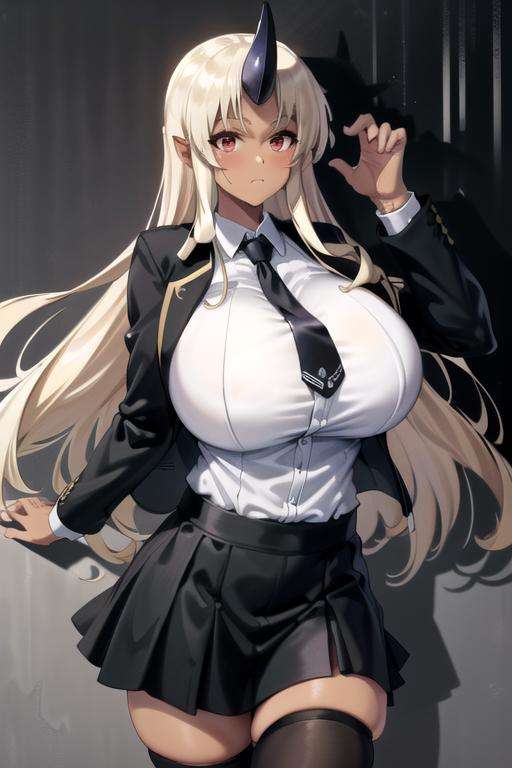 (extremely detailed CG unity 8k wallpaper), (masterpiece), (best quality), (ultra-detailed), (best illustration), (best shadow), (absurdres), 1girl, solo, loking at viewer, <lora:tionishia-10:0.8>, single horn, fang, gigantic breasts, dark skin, red eyes, suit, necktie, white shirt, (black jacket, closed jacket:1.2), black skirt, black thighhighs,