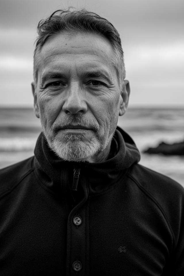 b&w photo of 54 y.o man, face, half body, body, high detailed skin, skin pores, coastline, overcast weather, wind, waves, 8k uhd, dslr, soft lighting, high quality, film grain, Fujifilm XT3