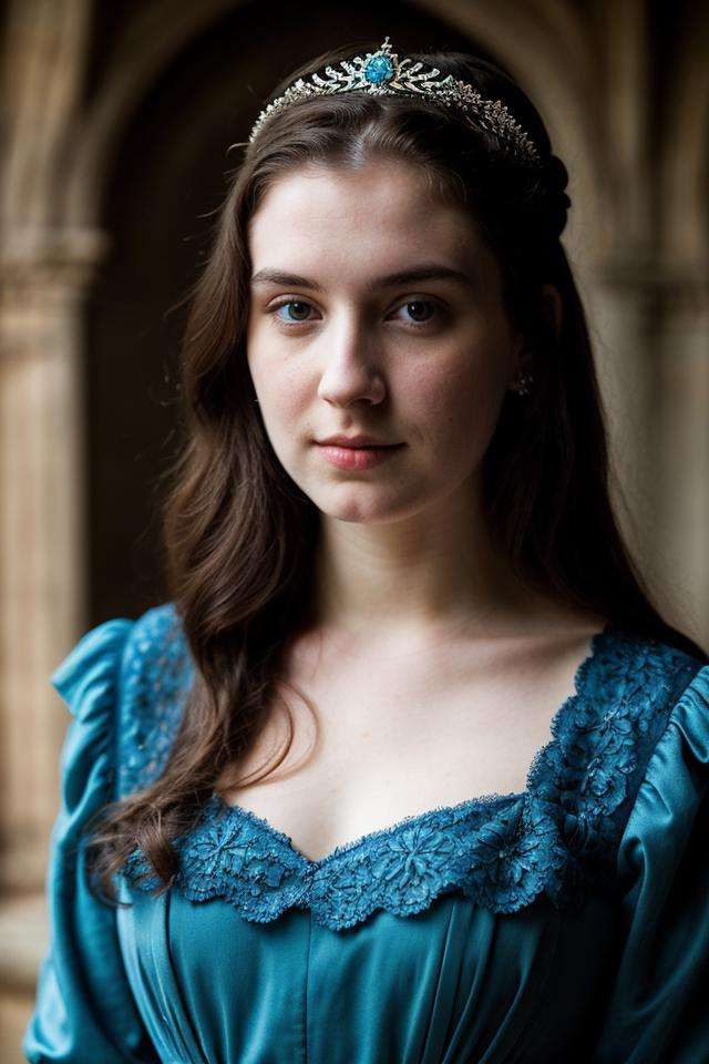 medieval, portrait photo of 25 y.o princess in blue dress, face, pale skin, intricate details