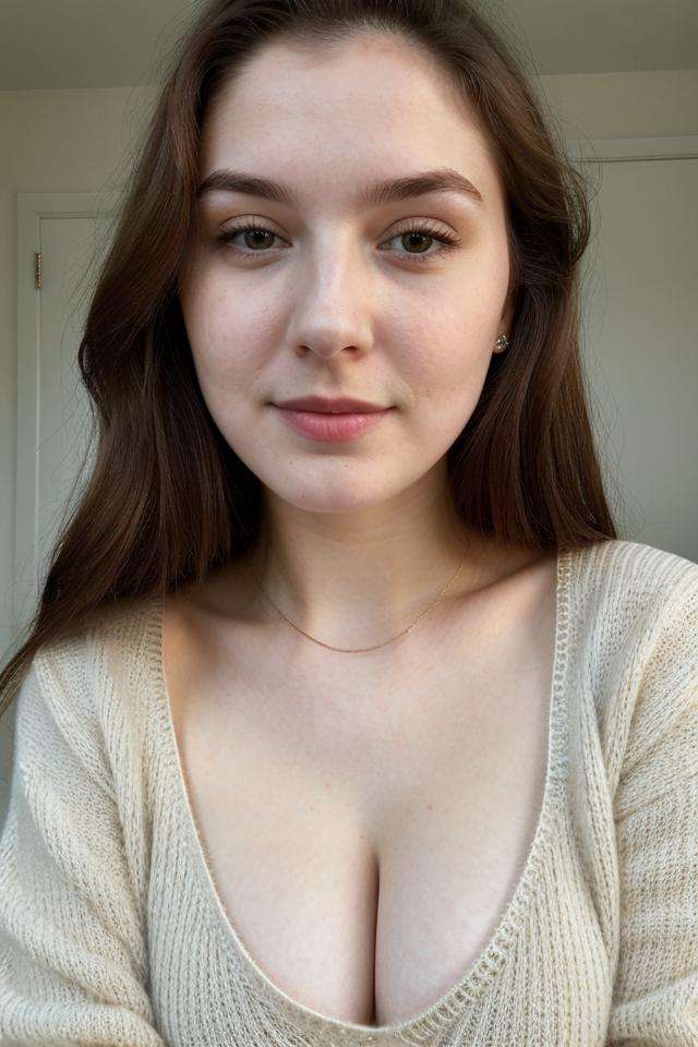 closeup face photo of cute 20 y.o woman in sweater, cleavage, pale skin