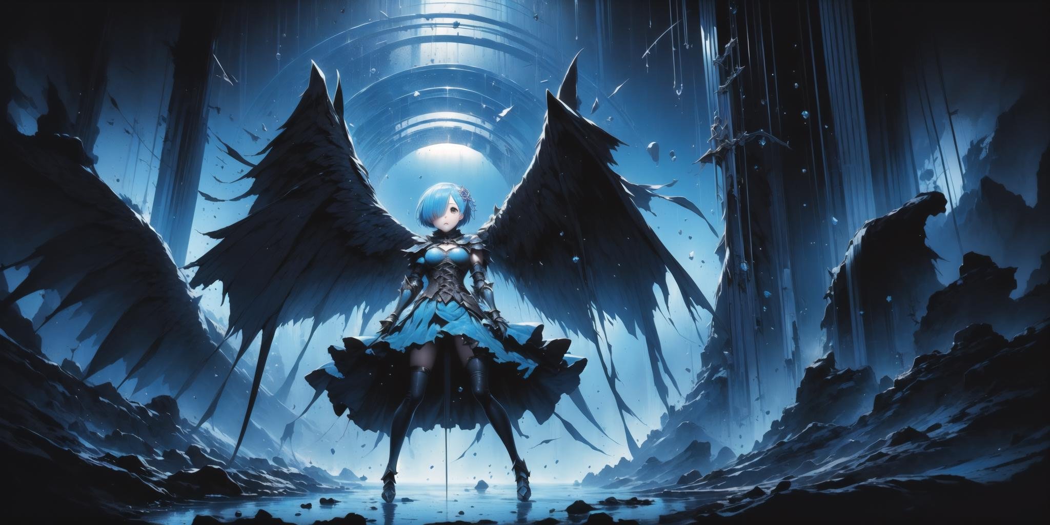 masterpiece, best quality, rem, 1girl, (armor, metal, black hole, powerful, abstract:1.2), (blue theme:1.5), (portal:1.2), wings<lora:Rembooru_789677:1>