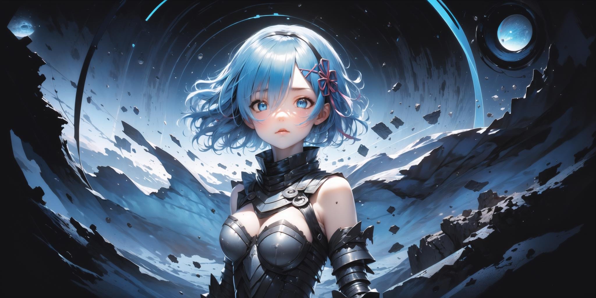 masterpiece, best quality, rem, 1girl, (armor, metal, black hole, powerful, abstract:1.2), (blue theme:1.5), (exile:1.15), (machine:1.25)<lora:Rembooru_789677:1>