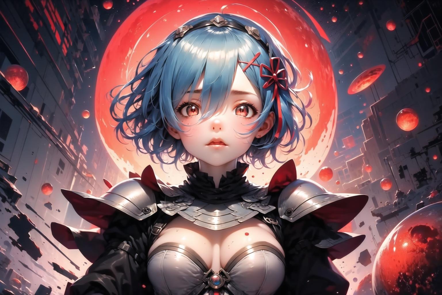 masterpiece, best quality, rem, 1girl, (armor, metal, black hole, powerful, abstract:1.2), (red theme:1.5)<lora:Rembooru_789677:1>