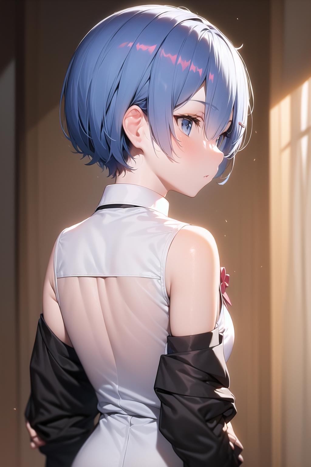 masterpiece, best quality, 1girl, rem, collared shirt, from behind <lora:Rembooru_789677:1>