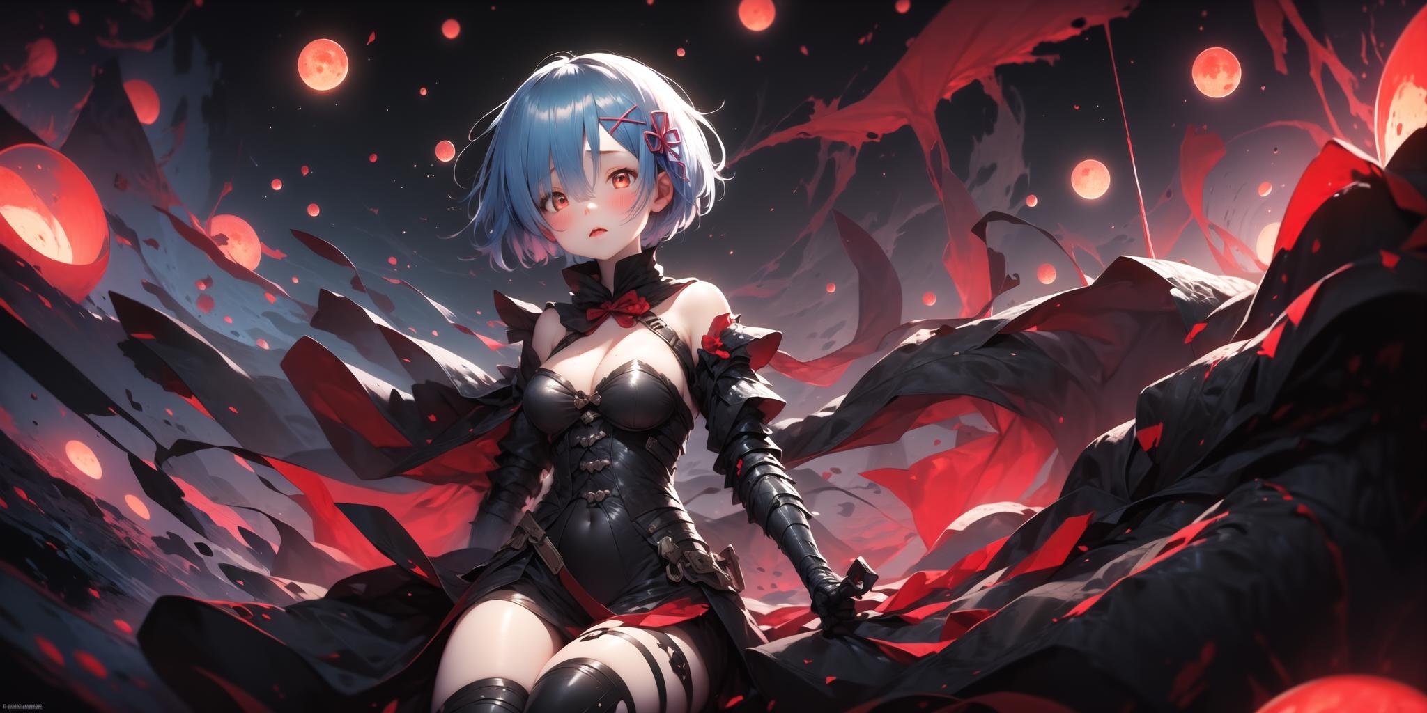 masterpiece, best quality, rem, 1girl, (armor, black hole, powerful:1.2), (red theme:1.5), red moon<lora:Rembooru_789677:1>