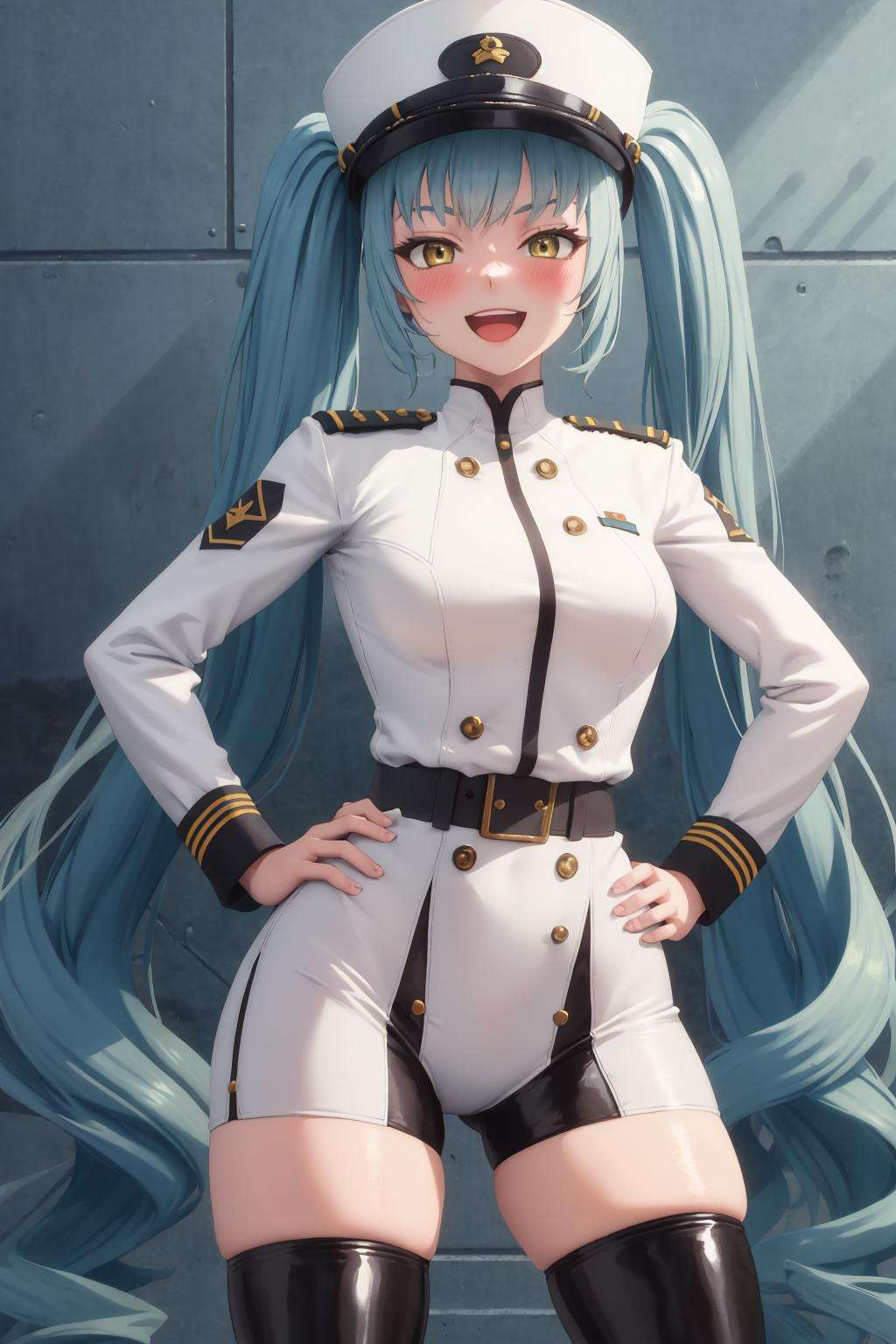 masterpiece, best quality, 1girl, solo, standing, cowboy shot, <lora:privaty-nikke-richy-v1:1> privaty \(nikke\), blush, smile, open mouth, long sleeves, hat, boots, black thighhighs, uniform, hand on hip, military uniform, white headwear, hands on hips, peaked cap
