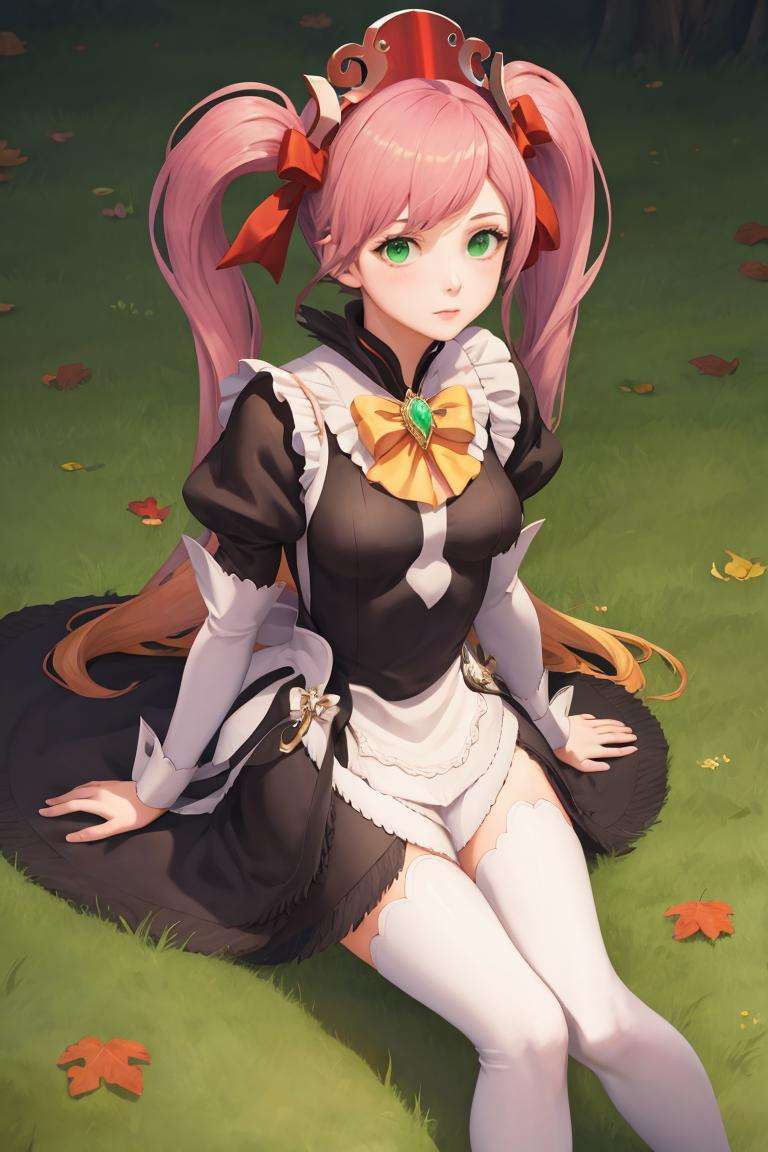 best quality, masterpiece, 1girl, solo, <lora:reco-mushihimesama-richy-v1:1>, reco, <lora:FEFatesMaid_v1:1> fates maid, maid headdress, multicolored hair, gradient hair, sitting, green brooch