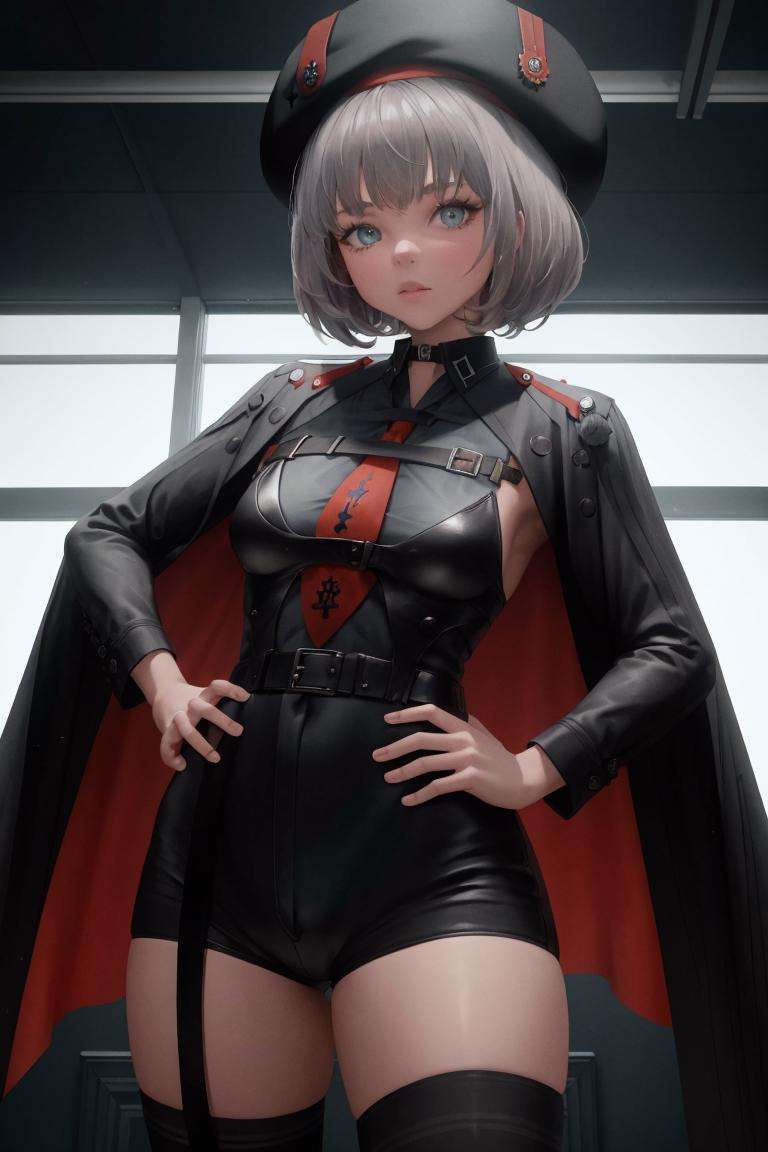 masterpiece, best quality, 1girl, solo, cowboy shot, looking at viewer, standing, <lora:vesti-nikke-richy-v1:1>, vesti \(nikke\), red necktie, black shirt, black thighhighs, jacket, cape, long sleeves, beret, black shorts, hands on hips