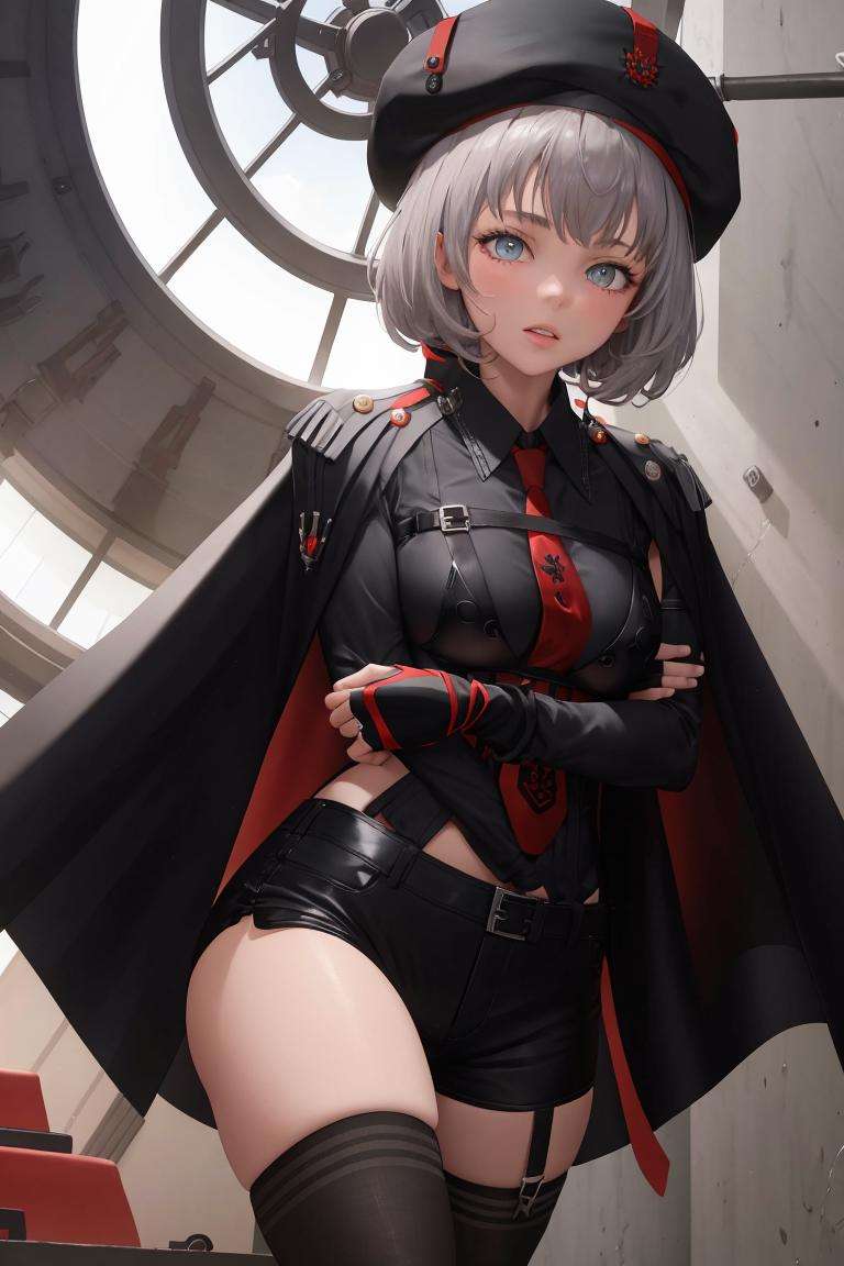 masterpiece, best quality, 1girl, solo, <lora:vesti-nikke-richy-v1:0.8>, vesti \(nikke\), shirt, long sleeves, black shirt, black shorts, beret, red necktie, fingerless gloves, bridal gauntlets, cape, black thighhighs