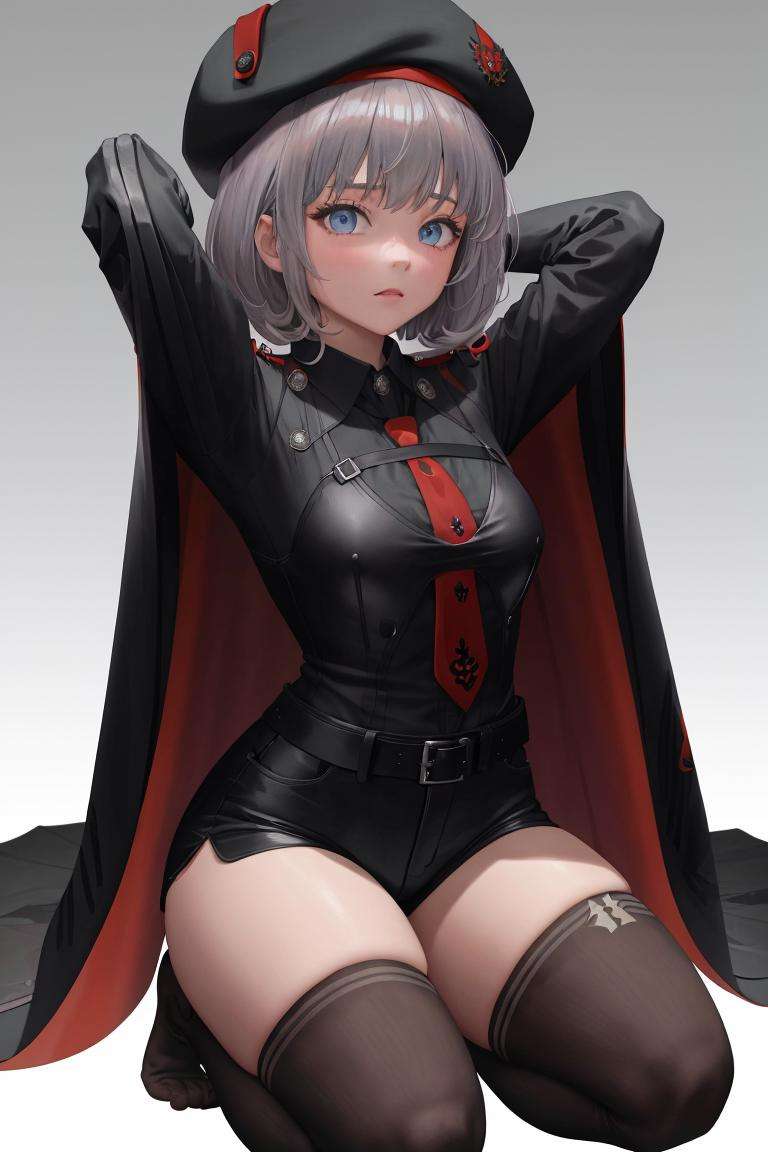 masterpiece, best quality, 1girl, solo, <lora:vesti-nikke-richy-v1:0.8>, vesti \(nikke\), shirt, long sleeves, black shirt, black shorts, beret, red necktie, arms behind head, seiza, cape, black thighhighs