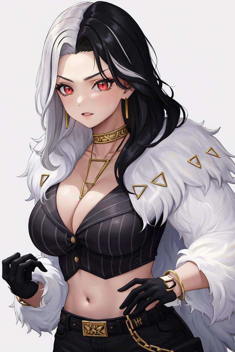 masterpiece, best quality, <lora:rosanna-nikke-richy-v1:1> rosanna \(nikke\), navel, cleavage, jewelry, standing, earrings, choker, black gloves, midriff, belt, necklace, bracelet, crop top, black shirt, chain, fur coat, fur trim, 