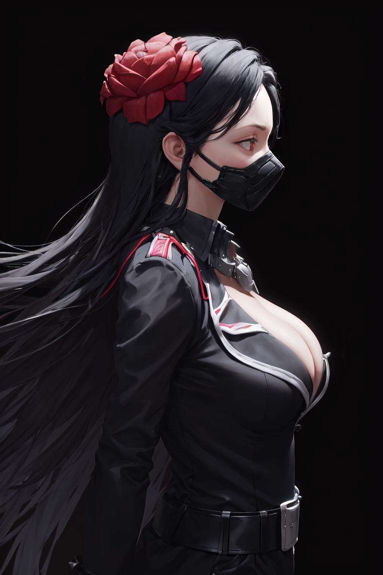 masterpiece, best quality, absurdres, <lora:maiden-nikke-richy-v1-000010:1>, maidendef, hair flower, hair ornament, black coat, long sleeves, cleavage, belt, mask, black gloves, fingerless gloves, spikes,1girl, solo, standing, (from side:1.3), leaning forward, upper body, close-up, 