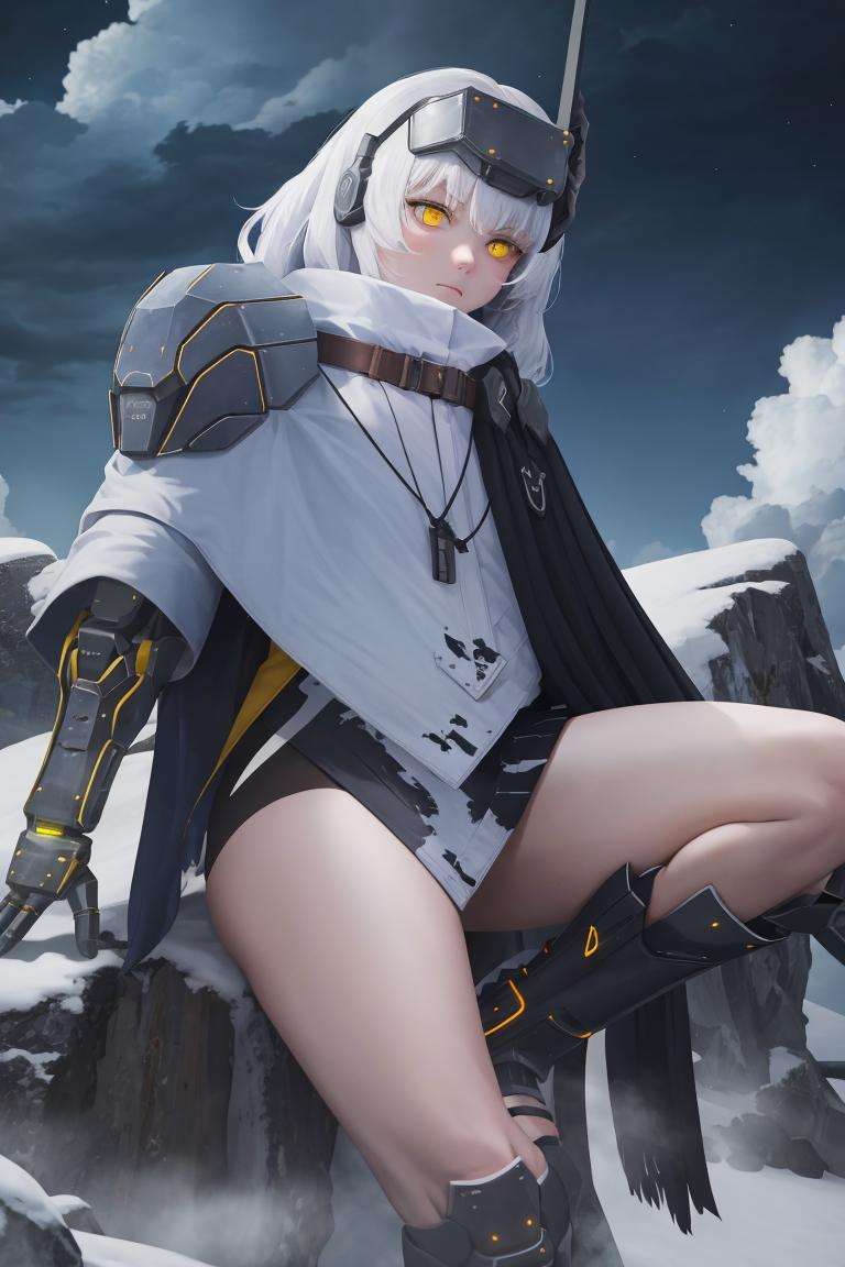 masterpiece, best quality, absurdres, <lora:snowwhite_nikke_v2-000007:1>, nikkesw, yellow eyes, white hair, bare legs, single mechanical arm, mechanical boots, cloak, bare legs, thighs, headgear, night, night sky, darkness, glowing eyes, 