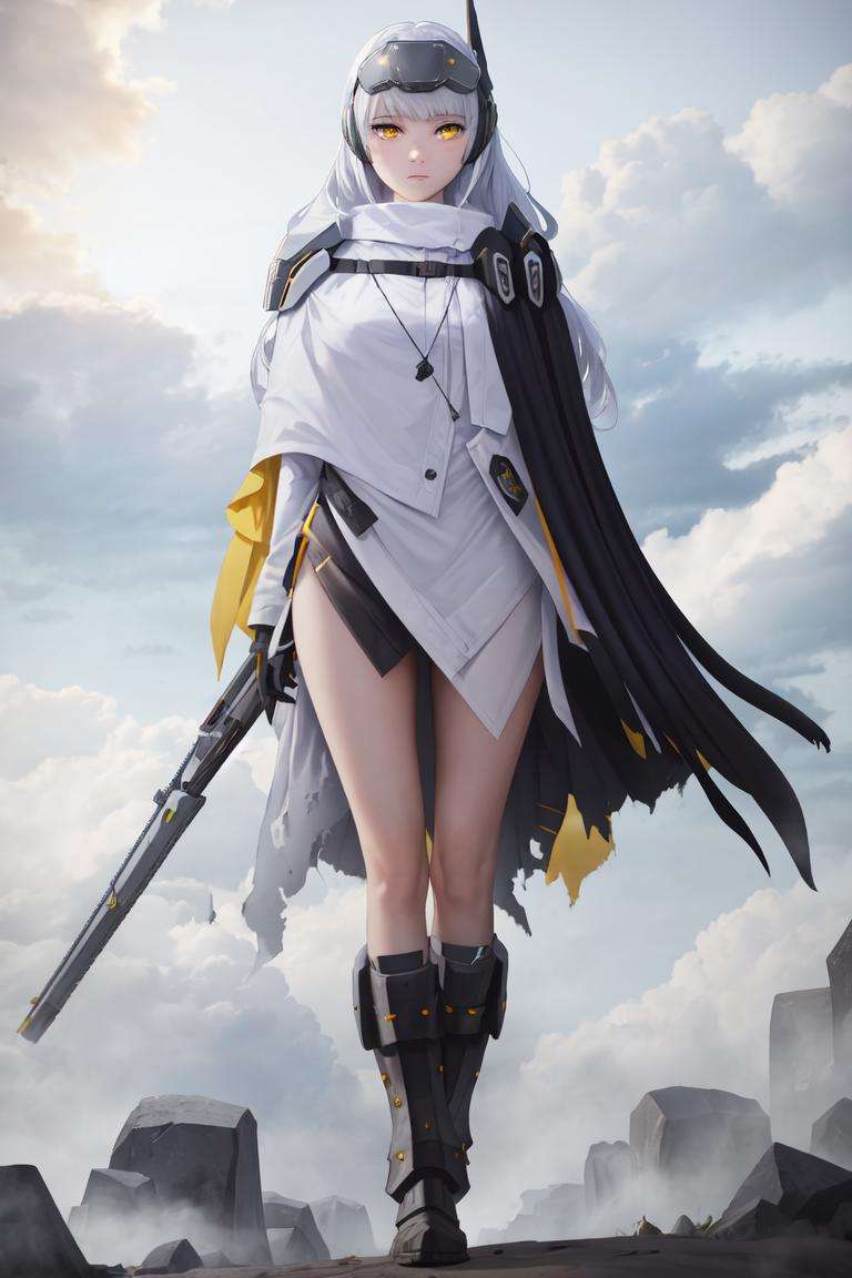 masterpiece, best quality, absurdres, <lora:snowwhite_nikke_v2-000009:1>, nikkesw, 1girl, solo, see-through, yellow eyes, looking down, white hair, long hair, arms behind backheadgear, cloak, mechanical boots