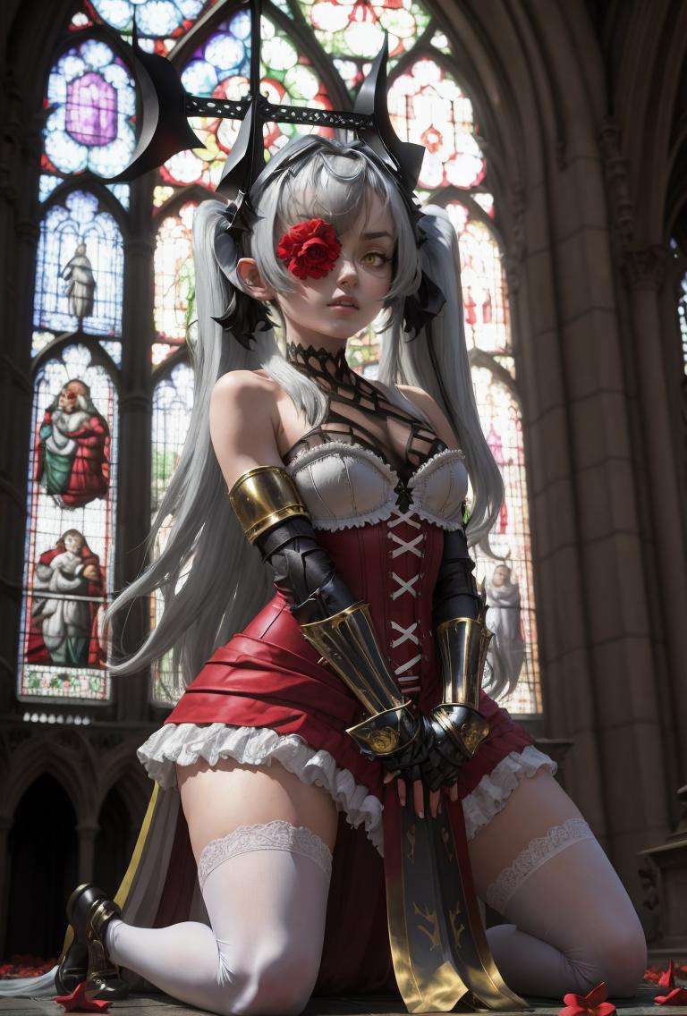 (masterpiece, best quality, absurdres), 1girl, solo, <lora:cyclopsprincess_lastorigin_v1-000014:1>,1girl, solo, kneeling, gotchic, cathedral, stained glass, white legwear, cycpridef, horns, gauntlets,twintails, grey hair, very long hair, yellow eyes, red dress, frills, horns, flower over eye, one eye covered, red flower,