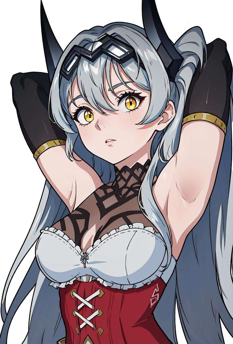 (masterpiece, best quality, absurdres), 1girl, solo, <lora:cyclopsprincess_lastorigin_v1-000014:1>,1girl, solo, standing, twintails, grey hair, very long hair, yellow eyes, close-up, portrait, hair between eyes,cycpridef, bare shoulders, horns, arms behind head