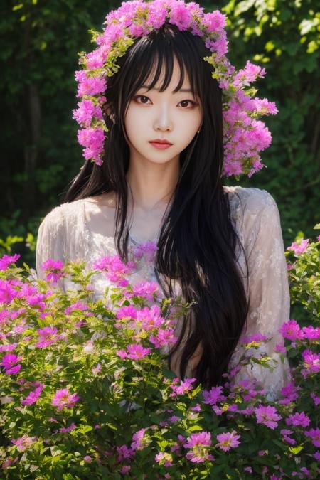 (masterpiece, best quality : 1.2), (PiroxiumDiffusion style:0.9), solo, 1girl, breasts, portrait, dress, black hair, bokeh, nose, outside, realistic, shade, sunlight, leaves, flowers, depth of field, close up