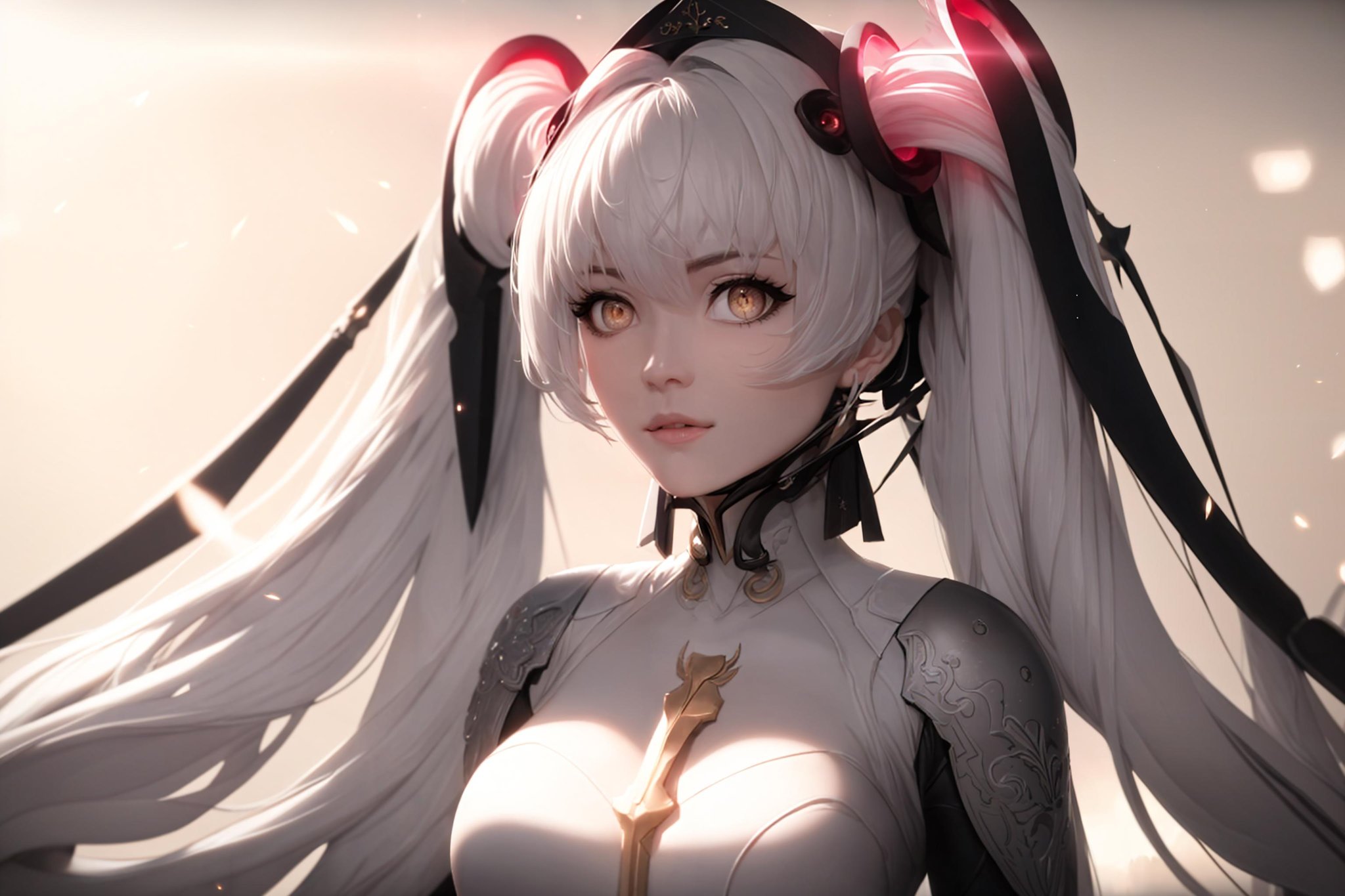 <lora:pgr_luna-10:0.7>, pgr_luna, 8k, intricate, elegant, highly detailed, majestic, hires, masterpiece, best quality, 1girl, bangs, breasts, eyebrows_visible_through_hair, hair_ornament, light_particles, long_hair, looking_at_viewer, medium_breasts, solo, twintails, very_long_hair, yellow_eyes, white hair,