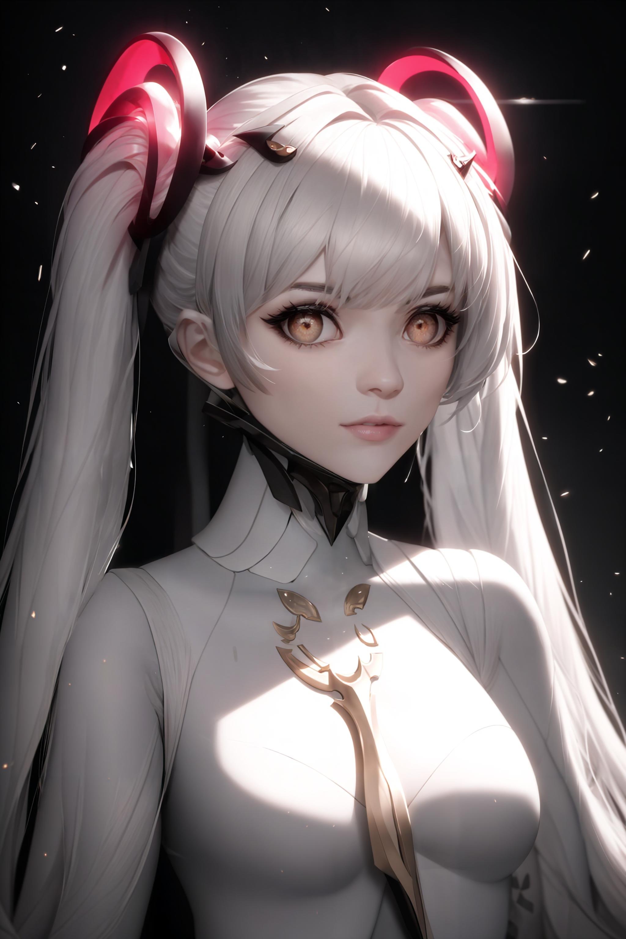 <lora:pgr_luna-10:0.7>, pgr_luna, 8k, intricate, elegant, highly detailed, majestic, hires, masterpiece, best quality, 1girl, bangs, breasts, eyebrows_visible_through_hair, hair_ornament, light_particles, long_hair, looking_at_viewer, medium_breasts, solo, twintails, very_long_hair, yellow_eyes, white hair,