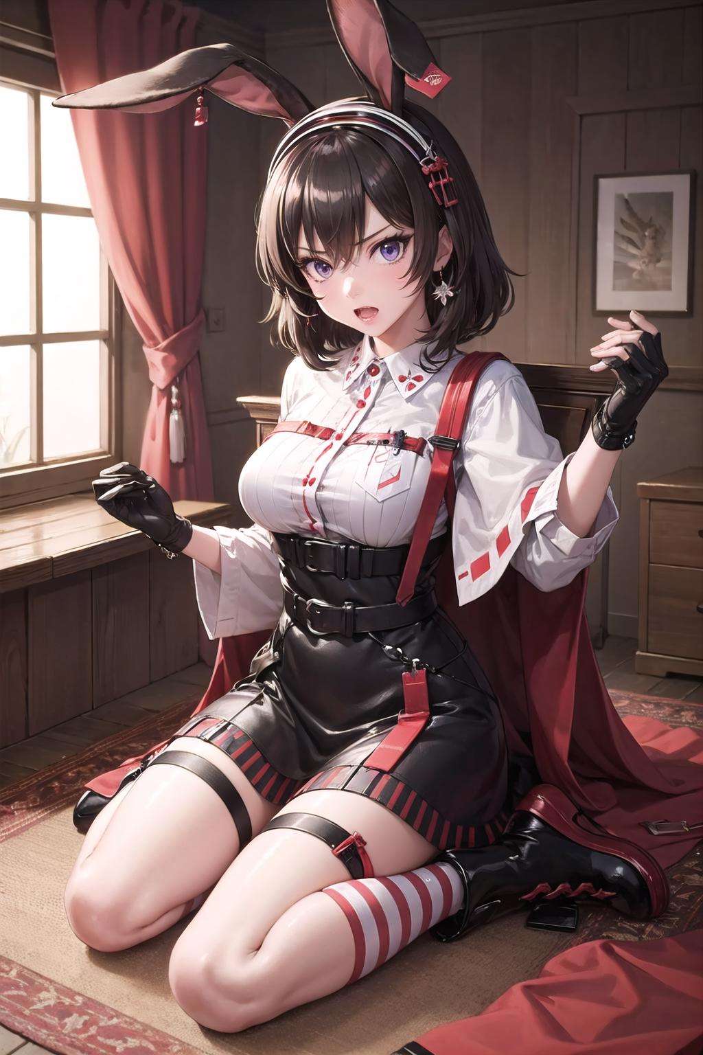 <lora:april_ak-10:1>,april_ak,rabbit ears,brown hair, purple eyes, dress, gloves, (wariza:1.2), full body, cowboy shot, angry, open mouth, 