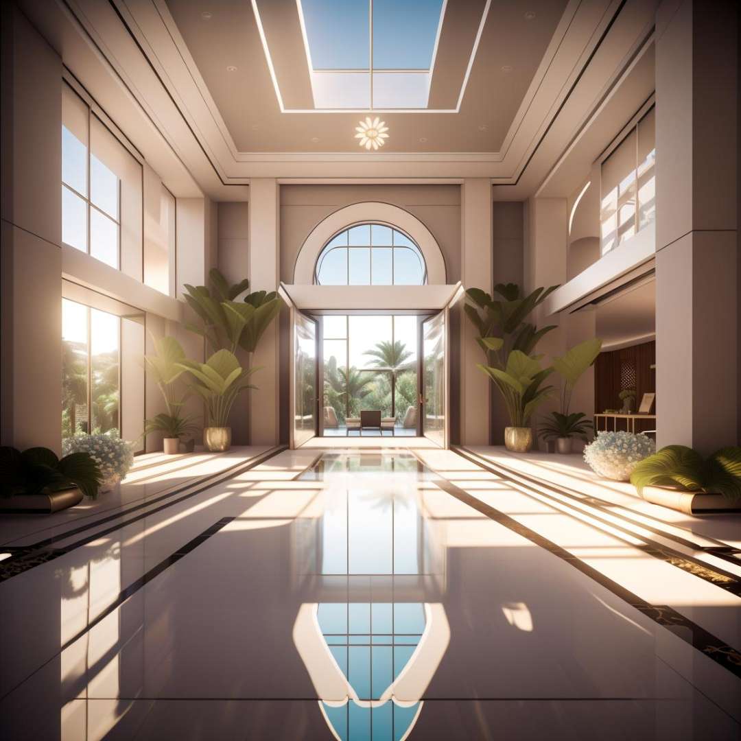 (masterpiece),(high quality), best quality, real,(realistic), super detailed, (full detail),(4k),8k,no humans, scenery, window, reflective floor, plant, sunlight, indoors, day, reflection, door, sky, watermark, potted plant, blue sky, wooden floor <lora:XSArchi_116:1>