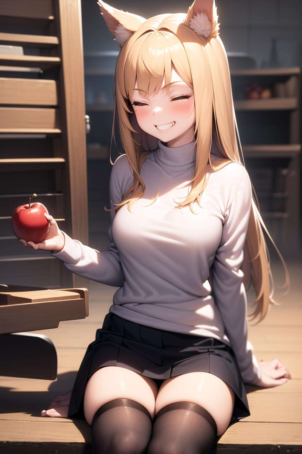 masterpiece, best quality, holo, 1girl, sweater, eating apple, smirk, grin, cart, closed eyes<lora:Holo_841507:1>