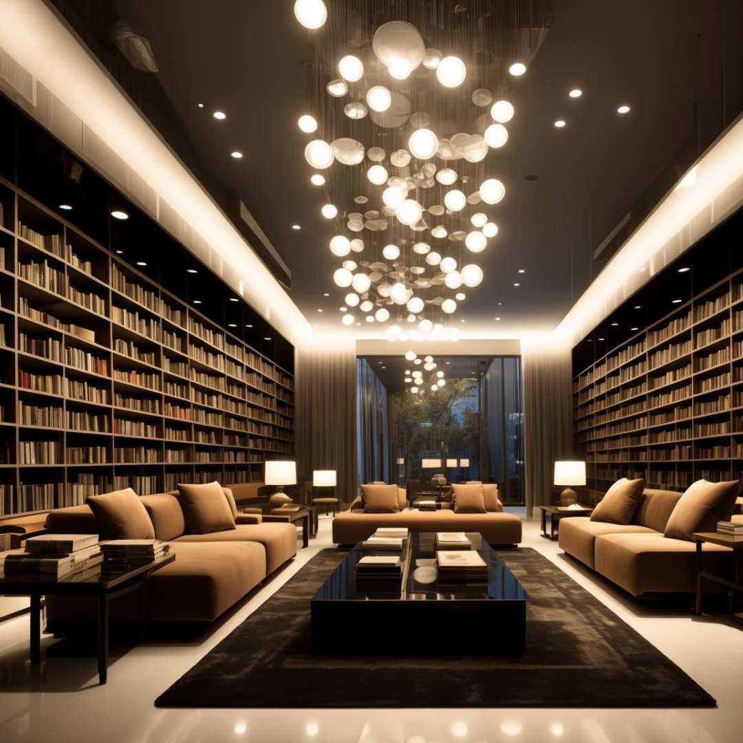 a library with a sofa and book shelves,, (masterpiece),(high quality), best quality, real,(realistic), super detailed, (full detail),(4k),8k,bookshelf, library, book, chair,lamp, table, indoors <lora:XSArchi_125:1>