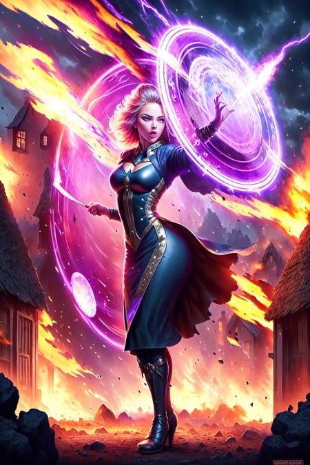 masterpiece, best quality, detailed, 1girl, tight dress, magic circle, casting spells, fantasy, purple power, power, fire, meteor, mage, high-resolution, medieval village, storm, burning, village street, rock, dirt <lora:runemagic:1>